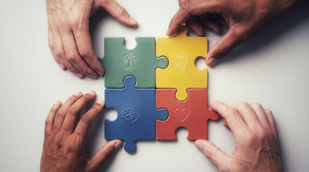 Impact e benefit: team che assembla puzzle su sostenibilità, innovazione e persone